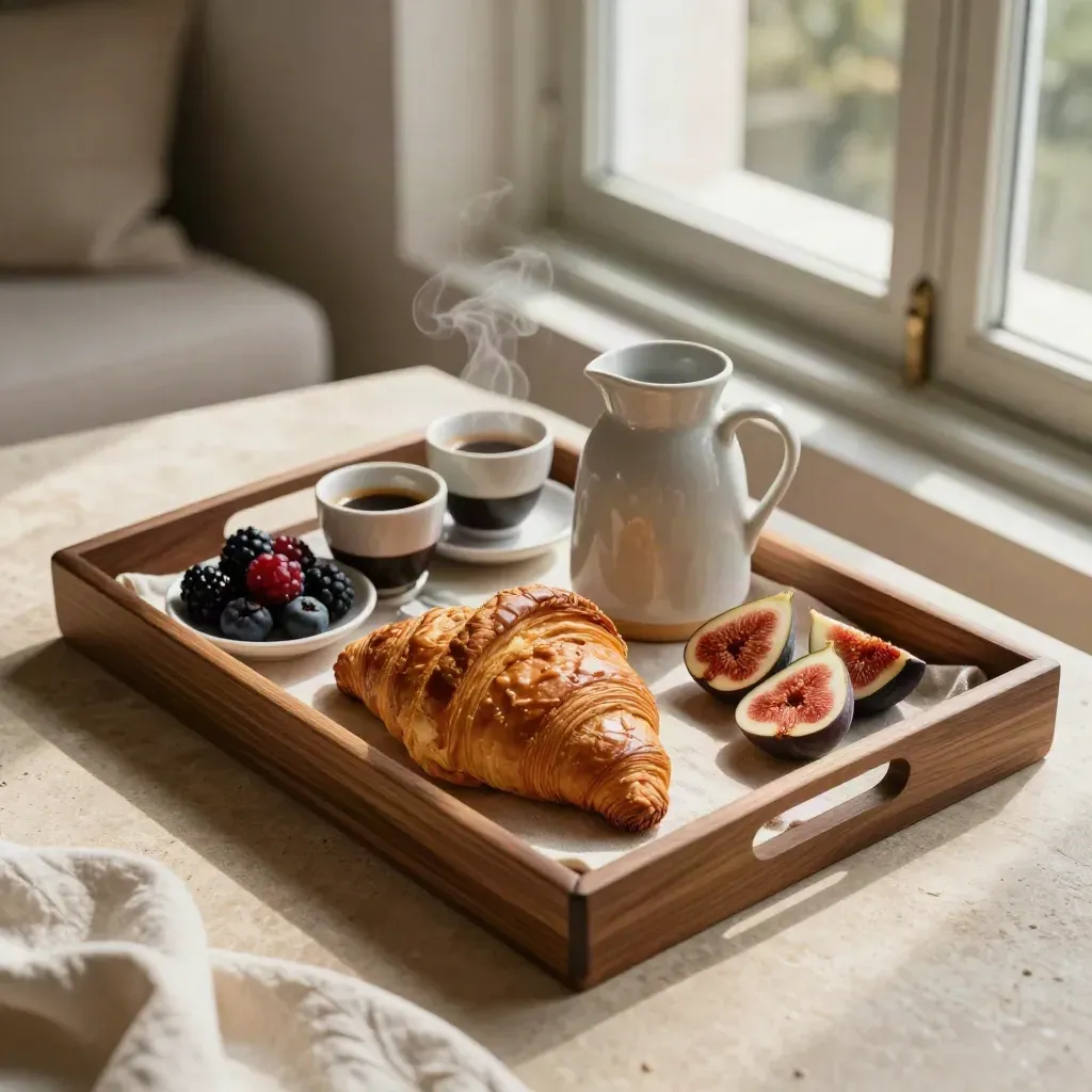 Vassoio colazione con croissant, frutta, caffè ed fichi accanto a una finestra luminosa.
