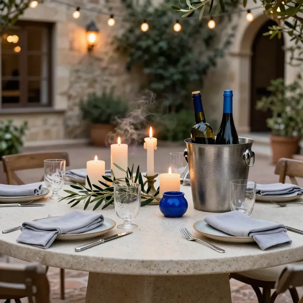 Tavolo per evento privato in cortile con candele, piatti in ceramica e rami d’ulivo al crepuscolo.