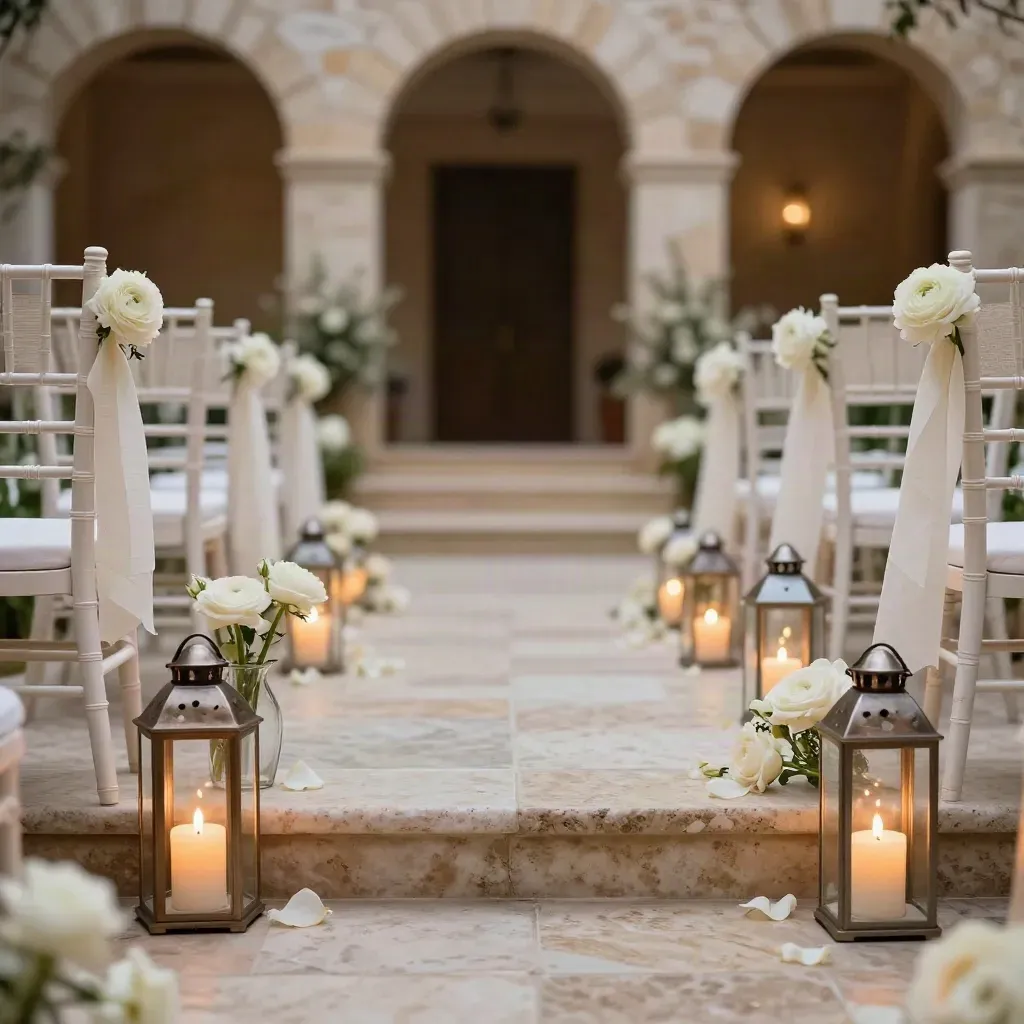 Corsia nuziale intima con sedie bianche, fiori bassi e lanterne accese in un cortile al tramonto.