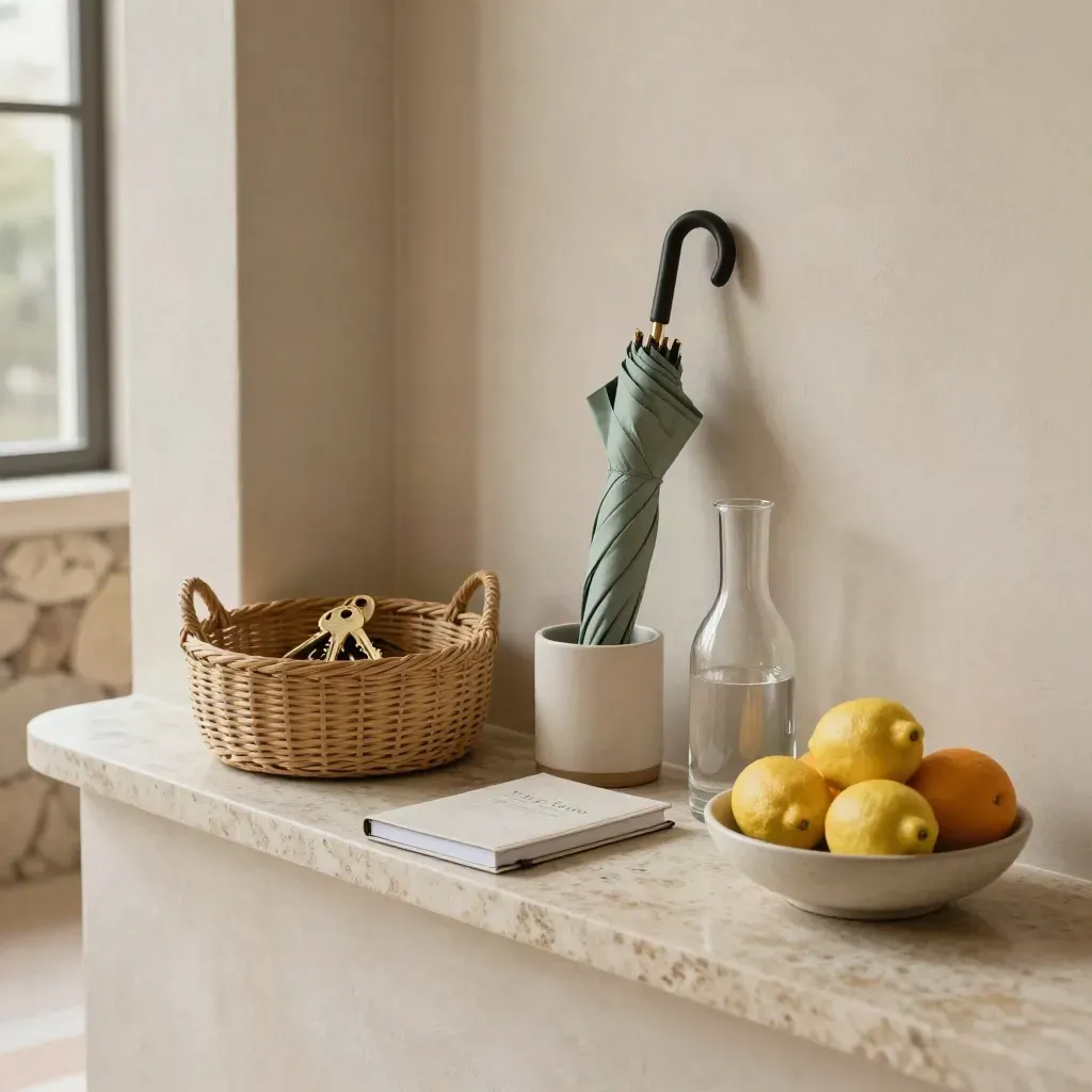Niche di concierge con chiavi, ombrello, taccuino, caraffa e agrumi su pietra chiara.
