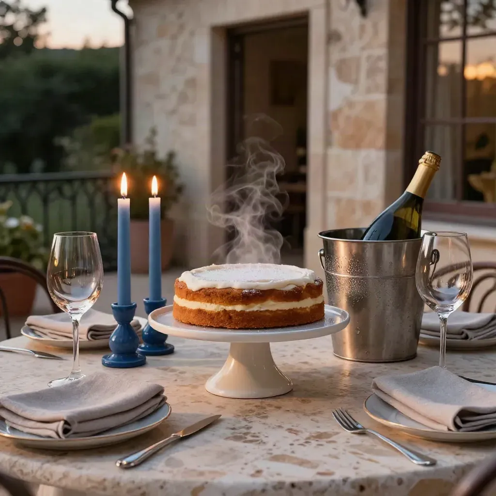 Tavola anniversario pronta su terrazza, con torta, candele e bottiglia ghiacciata