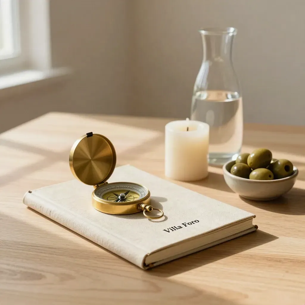 Notebook chiuso, bussola, candela, caraffa e olive su legno chiaro, luce morbida.