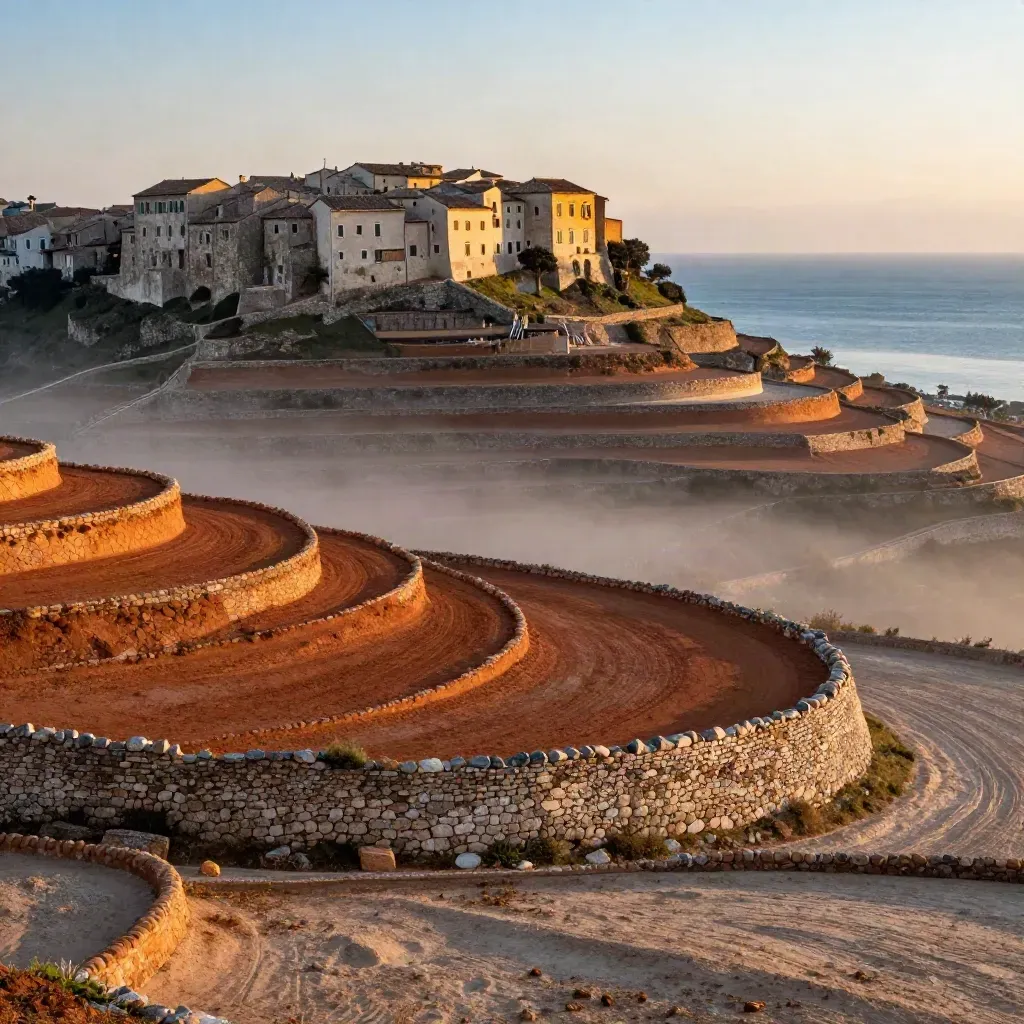 Collina marchigiana al tramonto con borgo medievale, campi terrazzati e mare Adriatico lontano